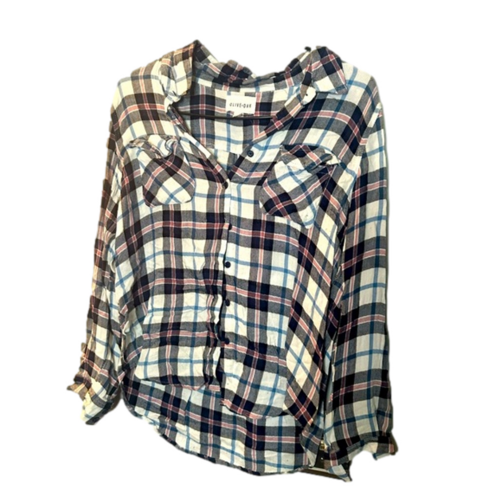 Plaid flannel navy pink white olive + oak size large